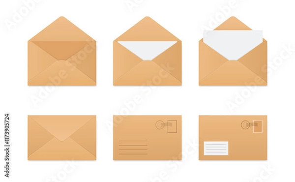 Obraz Envelopes with letter closed, open, with postage stamp. Folded and unfolded brown kraft paper envelope set. Vector clip art collection