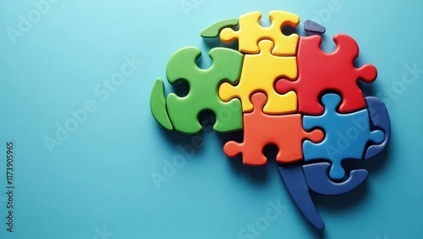 Obraz Brain-shaped puzzle pieces in bright colors arranged on a blue background for creative thinking