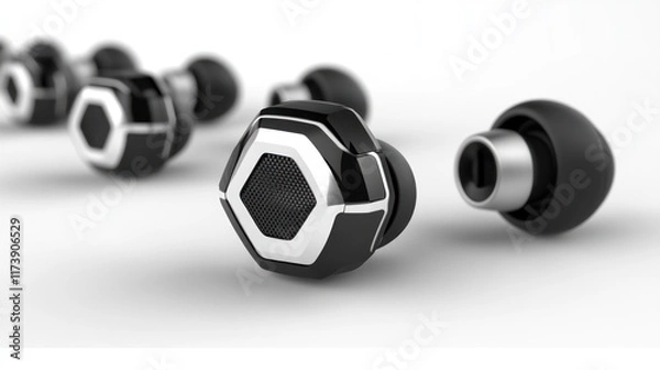 Fototapeta Sleek hexagonal earbuds with black and silver accents. Perfect for listening to music or podcasts on the go while enjoying premium audio quality.