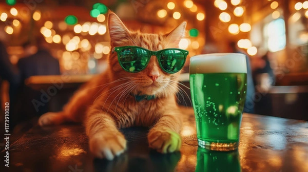 Obraz Cool ginger cat in sunglasses posing near glass of green beer in pub. St. Patrick Day