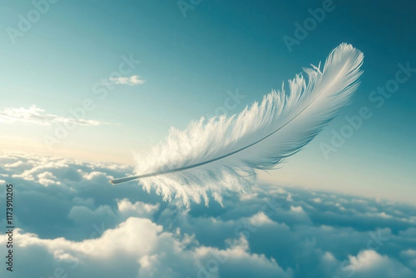 Fototapeta White feather flying on blue sky background. Abstract bird feather falling in the air. Symbol of peace or freedom concept. Generated AI