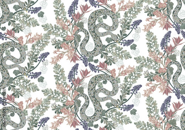 Obraz Заголовок	
A seamless pattern of colorful snakes intertwined with blooming flowers on a transparent background creates a vibrant and detailed visual effect.
