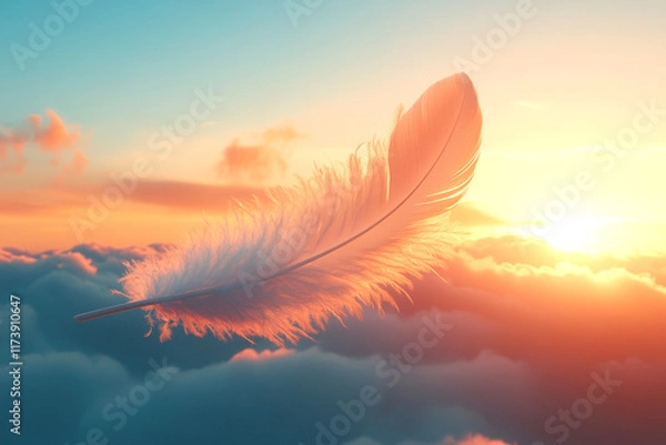 Fototapeta White feather flying on sunset sky background. Abstract bird feather falling in the air. Symbol of peace or freedom concept. Generated AI