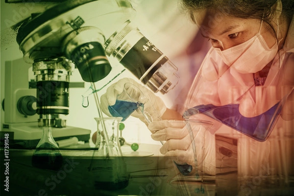 Fototapeta Scientists and scientific experiments to find out about the medical science or the scientific unit . The colors and scientific equipment beakers vitro microscopy .