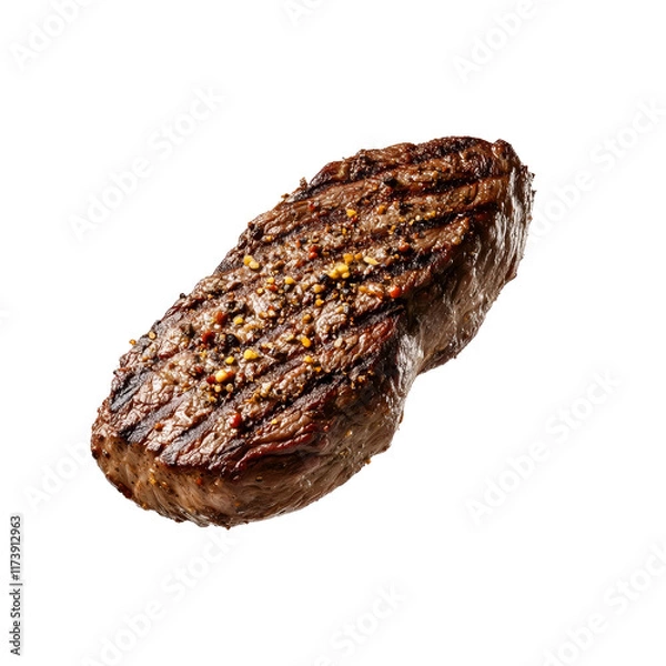 Fototapeta Grilled beef steak with black pepper seasoning isolated on white transparent background. Concept of steakhouse cuisine and cooked meat