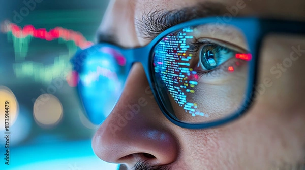Obraz A person intently examines financial data visualizations reflected in their glasses