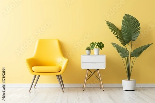 Fototapeta Bright yellow chair and vibrant plants create a cheerful living space. Generative AI
