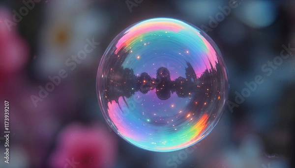 Fototapeta Iridescent Rainbow Bubble with Landscape Reflection