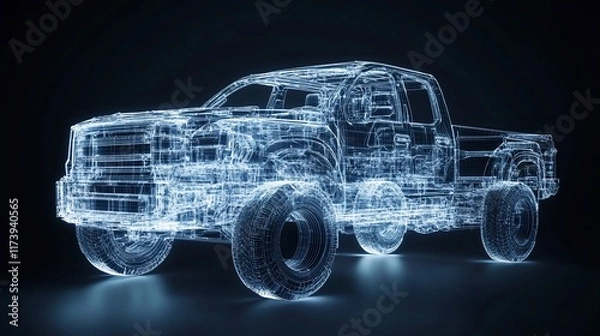 Fototapeta Wireframe pickup truck model on dark background.