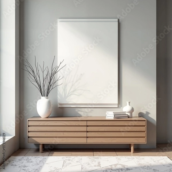 Fototapeta Modern minimalist living room with wooden console table, white vase, and large blank canvas.