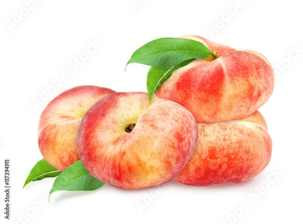 Fototapeta Four fresh ripe peaches in heap with green leaf isolated on white background.  Design element for product label, catalog print, web use.