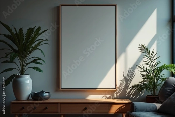 Fototapeta A serene corner with a blank canvas, potted plants, and a wooden console table.