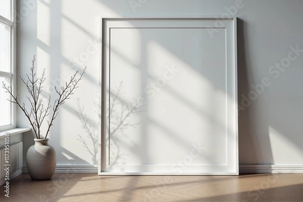 Fototapeta A serene corner with a blank canvas, a vase of bare branches, and the play of sunlight.