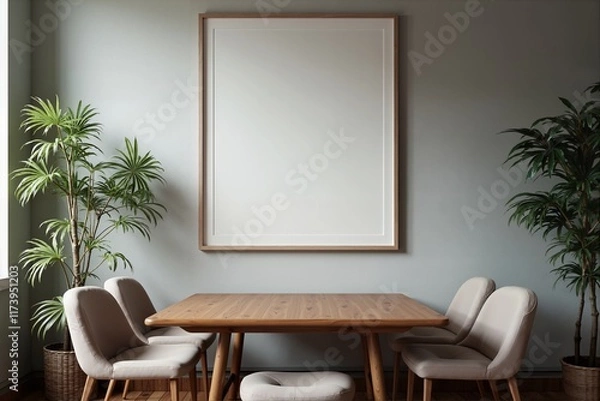 Fototapeta A minimalist dining area with a large blank frame, wooden table, and upholstered chairs.
