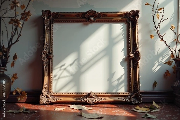 Fototapeta Elegant vintage frame casts intricate shadows on a sunlit wall.
