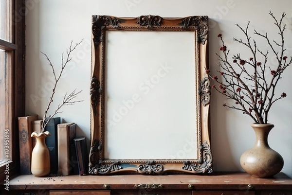 Fototapeta Elegant vintage frame and botanical decor on a rustic wooden shelf.