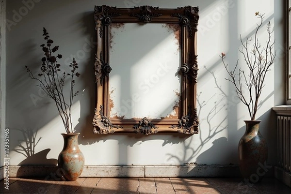 Fototapeta Elegance in simplicity: vintage mirror and rustic vases grace a sunlit corner.