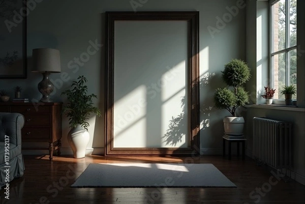 Fototapeta Sunlight filters through a window, casting patterns on a room's hardwood floor.