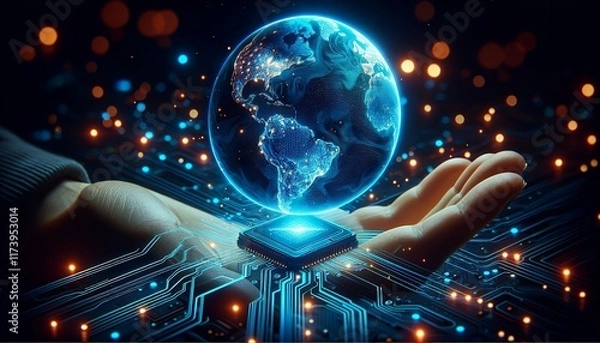 Fototapeta A hand gently touches a glowing digital globe, symbolizing global data and technological integration in a futuristic, high-tech environment.