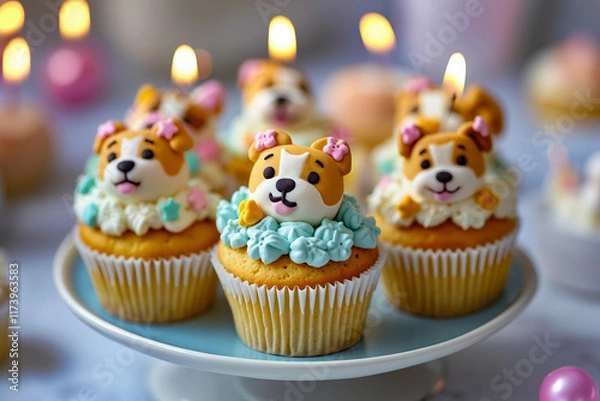 Fototapeta A group of cupcakes with candles on top of them