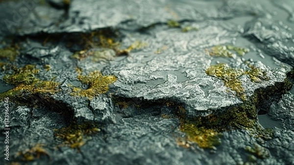 Fototapeta Close-up of textured rock surface with moss and water droplets.