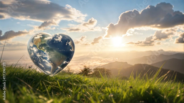 Obraz Glass globe representing Earth placed on green grass during sunset