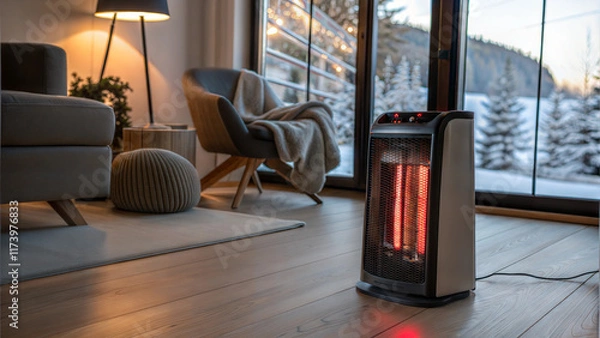Obraz Portable electric heater in cozy living room warming space with large window during cold winter days