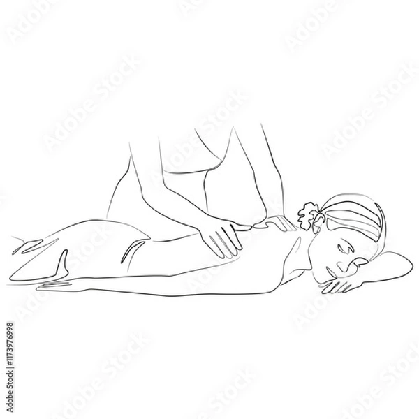 Fototapeta Massage minimalist line drawing. Vector illustration for a spa salon. The master massages the back of the girl. One line minimal art of Massage.