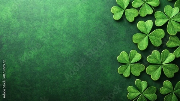 Obraz Shamrock leaves pattern on green textured background. St. Patrick’s Day with copy space