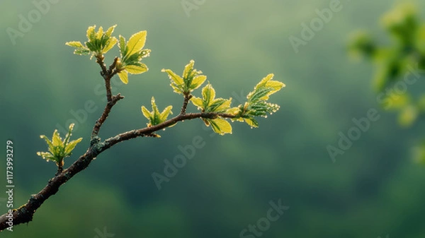 Fototapeta A twig with fresh leaves and dewdrops against blurred green.