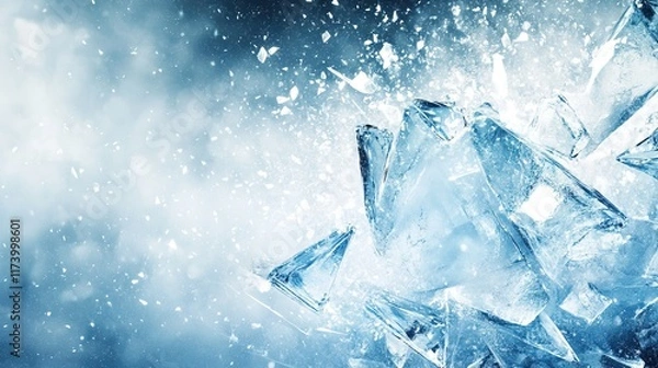 Obraz Exploding ice fragments on blue background with cold, snowy effect.