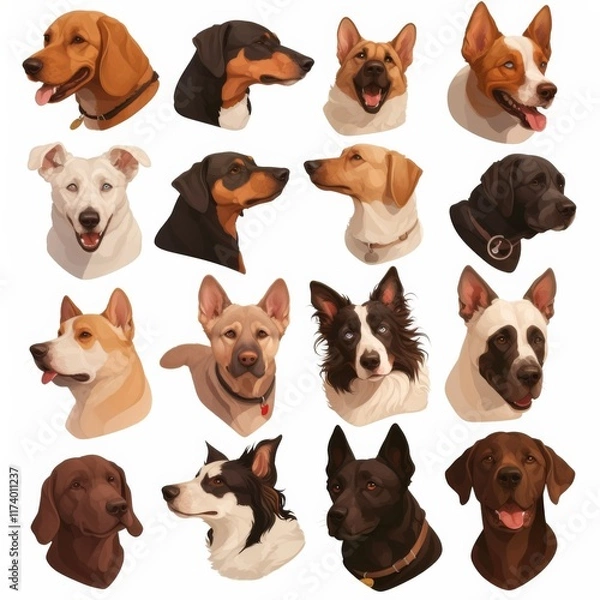 Obraz Set of Dog Heads from Different Breeds, Collection of Canine Breeds Isolated on White Background.