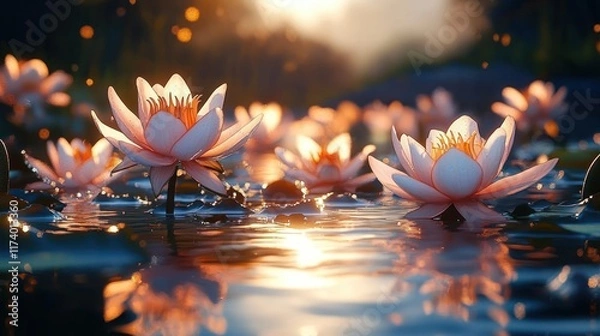 Fototapeta water lily pond at sunrise hyper-realistic golden light reflection close-up delicate petals rippling water detailed leaves