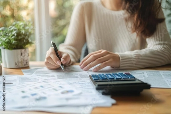 Obraz Tax Deduction Planning for Individuals Using Calculator in Home Office Analyzing Financial Documents