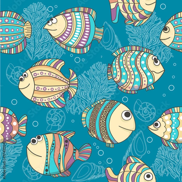 Fototapeta Illustration of cute different fishes .  Seamlessly pattern