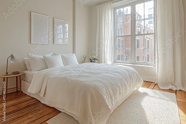 Obraz Modern minimalist bedroom with white linens and natural light