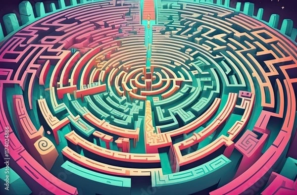 Fototapeta A surreal maze rendered in vibrant neon hues of pink, teal, and orange, featuring a pathway leading to a central circular structure with mysterious architectural details