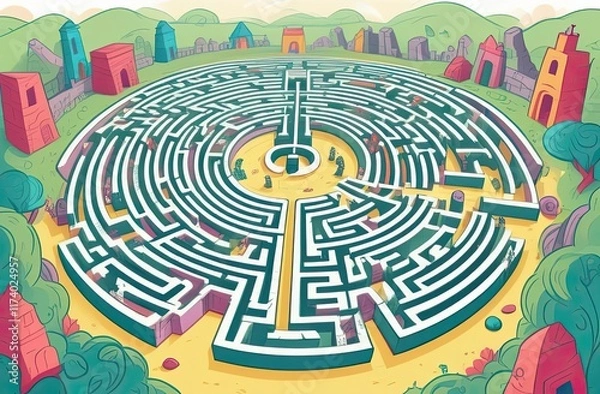 Fototapeta A vibrant circular maze set in a whimsical, illustrated landscape with colorful structures, lush greenery, and playful details scattered throughout the scene