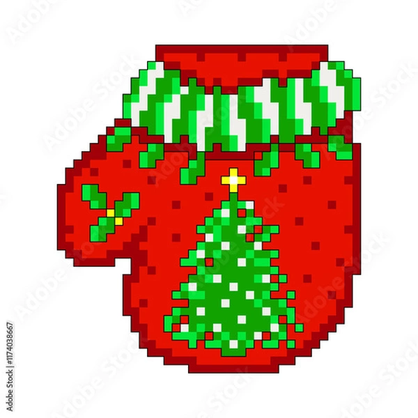 Obraz Red mitten with a Christmas tree. Design element. Pixel graphics. Png
