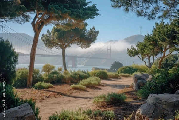 Fototapeta A serene landscape featuring lush greenery, fog, and a bridge in the background, perfect for nature lovers.