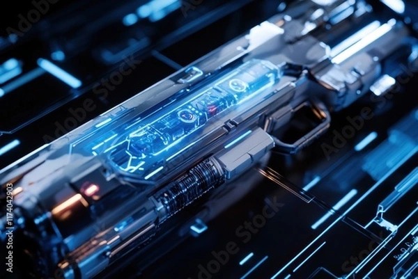 Obraz Futuristic weapon design featuring illuminated components and sleek metallic surfaces