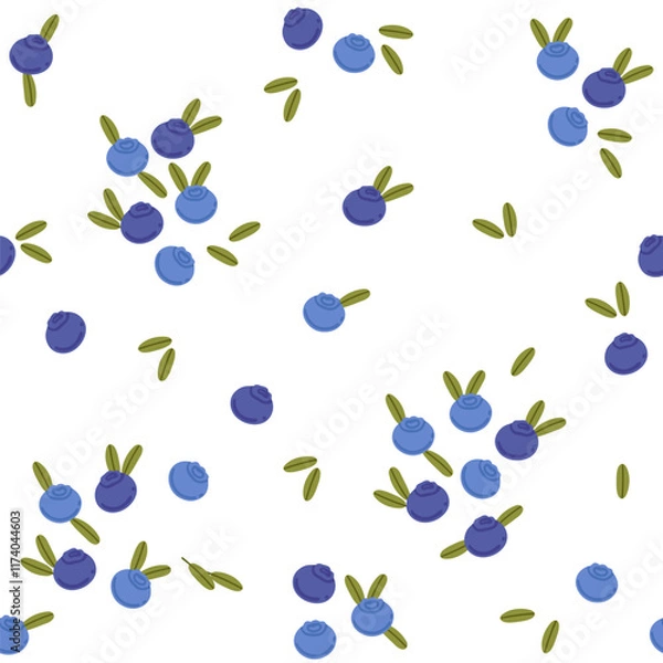 Obraz Seamless pattern of blueberries with green leaves. Ripe fresh raw berries. Sweet vitamin healthy nutrition. Simple cartoon style, flat vector illustration on white background