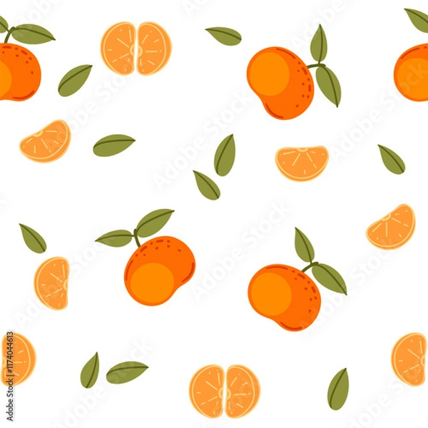 Obraz Seamless pattern of Mandarin with green leaves, whole and sliced citrus tropical fruit. Ripe exotic nutrition food, simple cartoon style. Flat vector illustration on white background