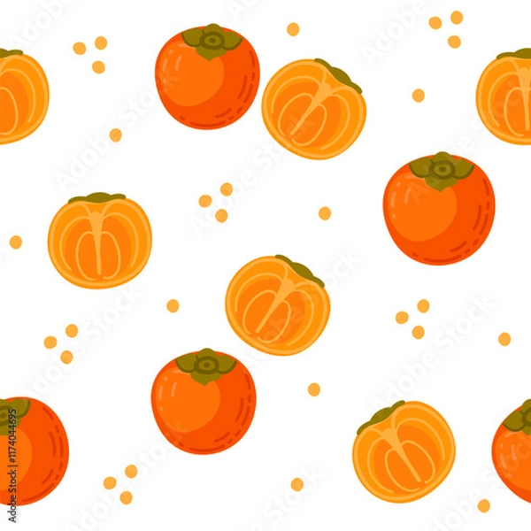 Obraz Seamless pattern of Persimmons exotic tropical whole and halved fruit. Ripe fresh natural nutrition, simple cartoon style design. Vector illustration on white background