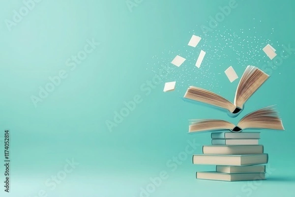 Fototapeta Digital library with floating books imaginative space 3d visualization creative environment dreamy concept
