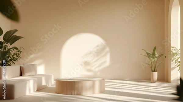 Fototapeta A contemporary beige living room interior bathed in soft geometric sunlight and shadows, featuring minimalistic furniture and natural decor elements. The empty wall serves as a bla