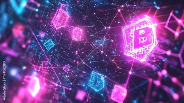 Fototapeta Neon Bitcoin Network Digital Cryptocurrency Blockchain