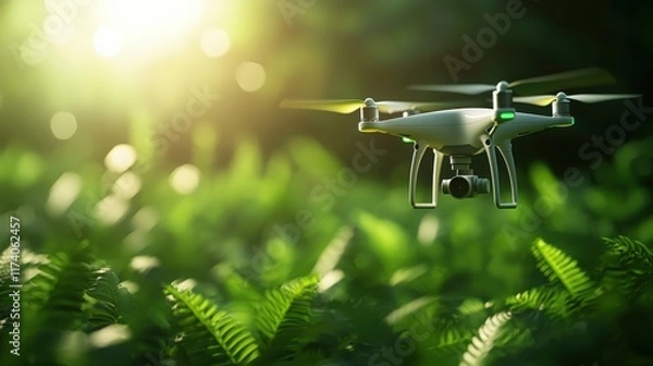 Fototapeta Advanced drone scanning environmental conditions in lush forests aerial photography nature close-up eco-technology insights