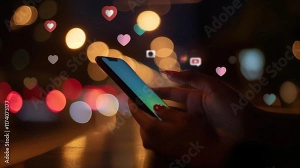 Fototapeta woman scrolling smartphone in neon lit city as hearts and social icons float symbolizing valentine’s day love copyspace concept of marketing, technology, commerce