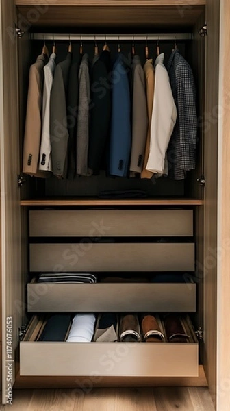 Fototapeta A neatly organized wardrobe with suits and folded clothes.